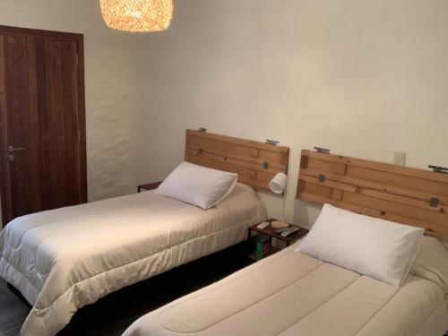 梅塞德斯San Isidro Hotel的酒店客房设有两张床和吊灯。