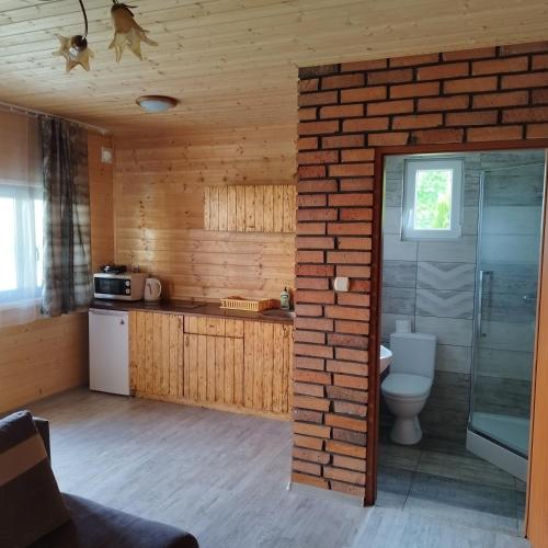 雅罗斯瓦维茨Domki Letniskowe Meduza的一间带卫生间和砖墙的浴室