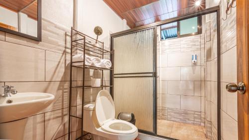 福尔图纳Cerro Chato's House的浴室配有卫生间、盥洗盆和淋浴。