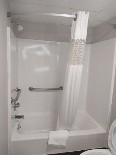 瓦恩兰葡萄园戴斯汽车旅馆的一间带白色淋浴帘的浴室