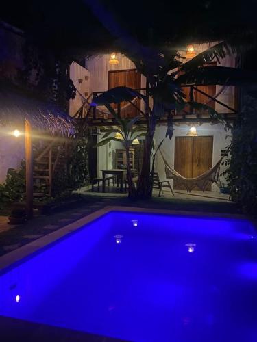 雅帕拉廷加Pousada Vila do Alto的夜晚在房子前面的一个蓝色泳池