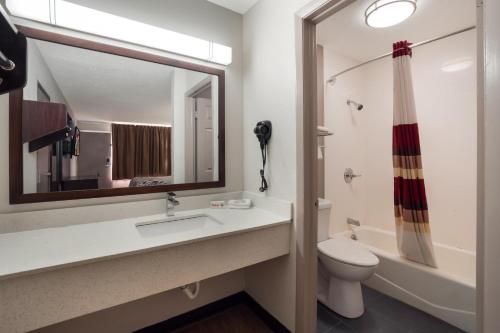 哥伦比亚Red Roof Inn Columbia, SC Airport的一间带水槽、卫生间和镜子的浴室
