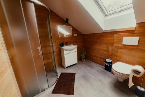 普雷绍夫BIRD HOUSE的浴室配有卫生间、淋浴和盥洗盆。