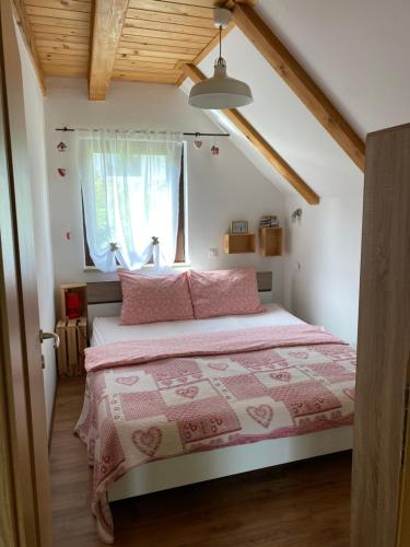 Zelin MrzlovodičkiApartments Vjeverica的卧室配有粉红色的床和窗户。