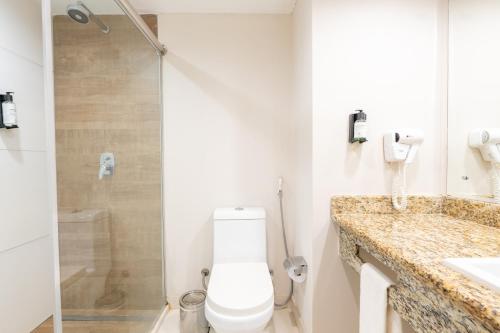 科斯塔萨乌佩Saui­pe Premium Sol All Inclusive的浴室配有卫生间、淋浴和盥洗盆。