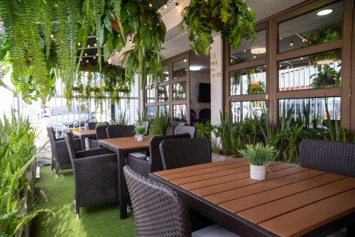 波哥大BLISS BOUTIQUE HOTEL BOGOTA的餐厅设有木桌和椅子,种有植物
