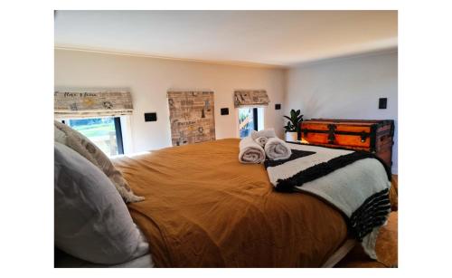 热水海滩Adventurer's Chest - Taiwawe的一间卧室配有一张大床和毛巾