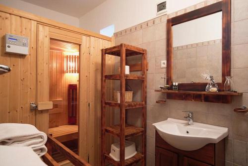 TállyaOroszlános Borhotel的一间带水槽和镜子的浴室