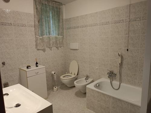 TelveCasa Vacanze Lavanda & Rosmarino的浴室配有卫生间、浴缸和水槽。
