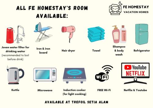 实达阿南Netflix WiFi Cozy Homestay Trefoil Setia Alam Shah Alam 沙亚南舒适温馨日租民宿的一套不同类型的家电和家具的图标