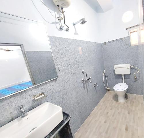 博尔普尔Chaiti Lodge - Santiniketan Bolpur的一间带水槽、卫生间和镜子的浴室