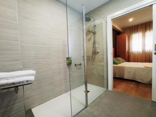 巴达洛纳Can Mir Badalona的浴室里设有玻璃门淋浴