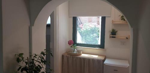 MonterosiIL GIARDINETTO di Dilyana的走廊上设有窗户和植物桌子