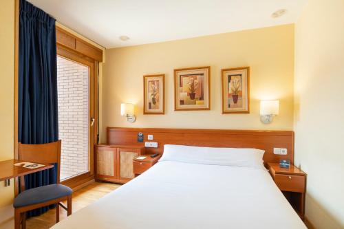 索里亚Hostal Alda Río Duero的一间卧室配有一张床、一张书桌和一个窗户。