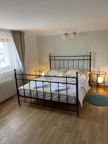 KněževesU Václava的卧室配有一张床,地板上配有两盏灯。
