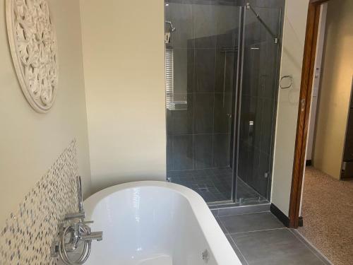 帕雷斯Riverfront Golf Estate House的设有带浴缸和淋浴的浴室。
