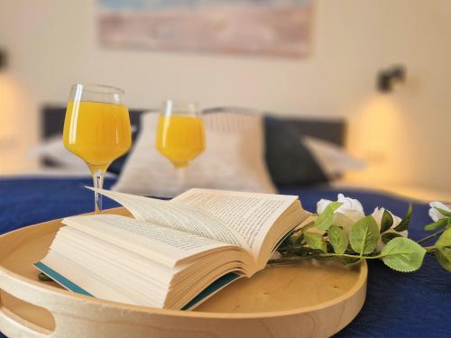 格拉达茨Apartment Ana - Gradac的桌上的一本书,上面放着两杯橙汁