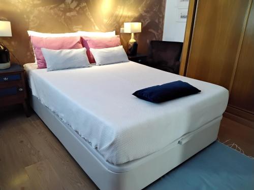 曼塔罗塔Manta Rota Beach, Bed & Breakfast in a villa,privat pool的一张白色大床,配有粉色和白色枕头