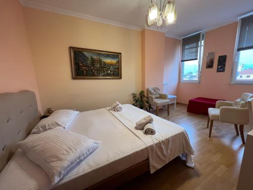 斯库台City Center Apartment in Shkoder的一间卧室设有一张床和一间客厅。