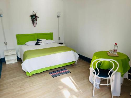 圣地亚哥ICCE HOTEL的一间卧室设有一张大床和一张绿桌