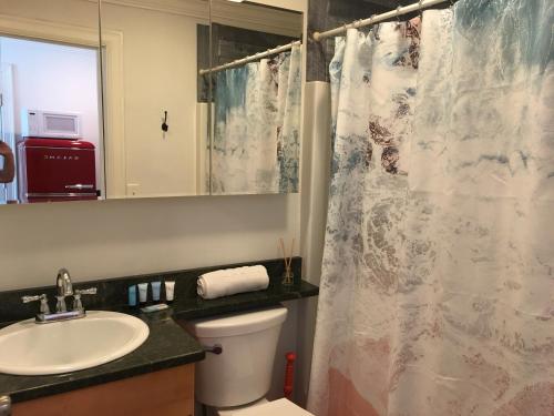 汉普顿Jonathan's Ocean Front Studio Suites Hampton Beach!的浴室配有卫生间、盥洗盆和淋浴。