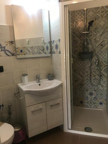 冯塔尼比安奇Fontane Bianche Guest Rooms的一间带水槽和淋浴的浴室