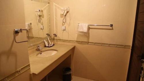 拉希迈尔汗Royal Desert Palm Hotel的一间带水槽的浴室和墙上的一部电话