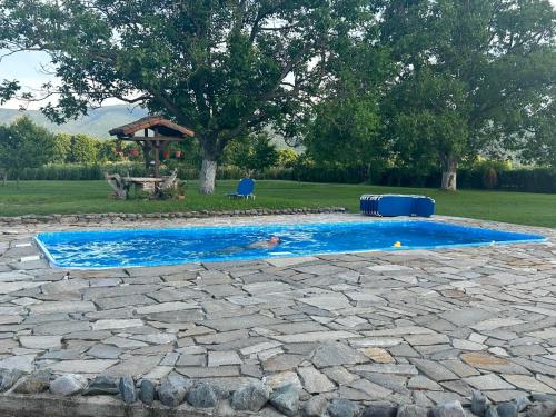 ElhovoКъща за гости Мелницата的在一个院子的游泳池里的人