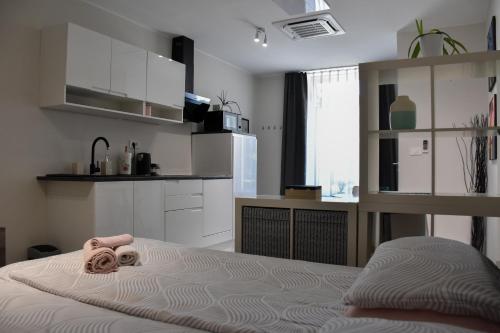 阿伊多夫什契纳Apartma Darsi的一间卧室配有一张床,上面有两条毛巾