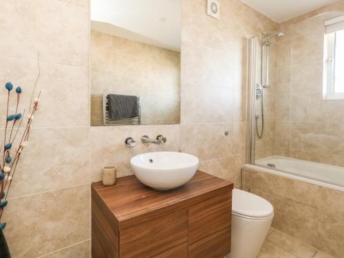 波特兰65 Ocean View的浴室配有盥洗盆、卫生间和浴缸。