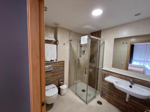 贝尼塔切利Apartamentos Flamingo Hills的带淋浴、卫生间和盥洗盆的浴室