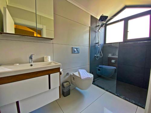 费特希耶Nokta Life B Villa, Özel Havuzlu, Fethiye的一间带水槽、卫生间和淋浴的浴室