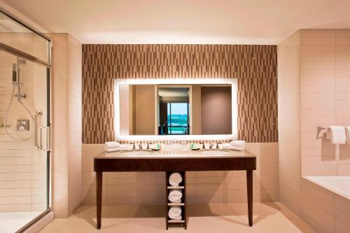 威尔明顿威尔明顿威斯汀酒店的一间带水槽、淋浴和镜子的浴室
