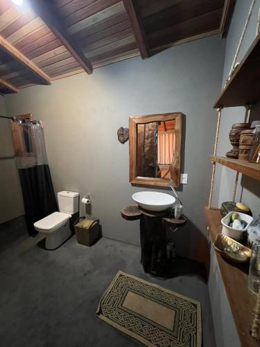 Quarto/suíte com lareira的一间带水槽、卫生间和镜子的浴室