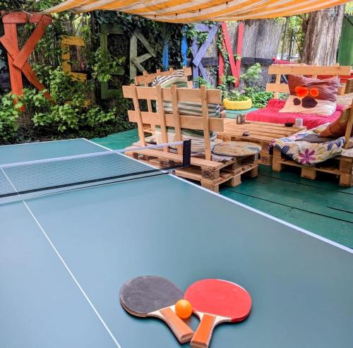 蒂米什瓦拉Re-Born Hostel的一张乒乓球桌,上面有两个滑板