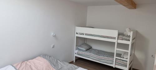 拉弗雷切Gite Les Courbes的一间卧室配有双层床和白色架子