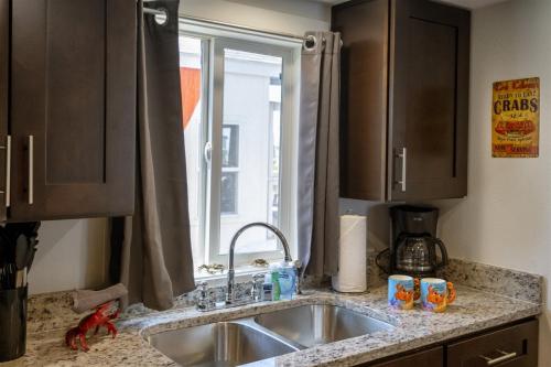 布拉格堡H - Crab Shack的带水槽的厨房台面和窗户