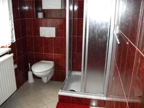 PapstdorfFerienwohnung Dagmar Mergen的红色瓷砖浴室设有卫生间和淋浴。