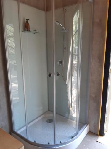 LommNatuurslaapkamer de zaadeest boskamer的浴室里设有玻璃门淋浴