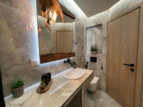 亚历山德鲁波利斯Supreme Malibu Suite的一间带水槽和镜子的浴室