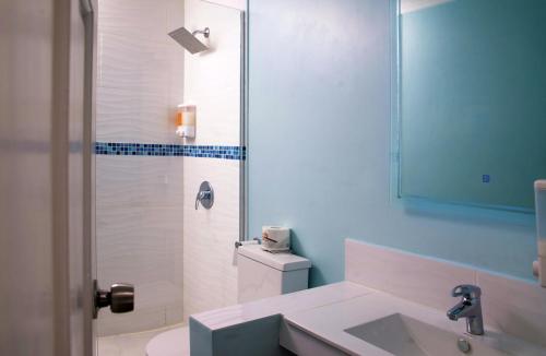 基督教堂市多佛海滩酒店的带淋浴、盥洗盆和卫生间的浴室
