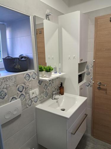 HreljinTiny House for 2 Hreljin Crikvenica的白色的浴室设有水槽和镜子