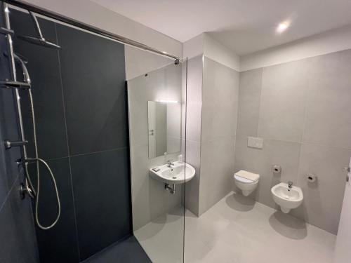里米尼特尔斯塔酒店的一间带水槽、卫生间和淋浴的浴室
