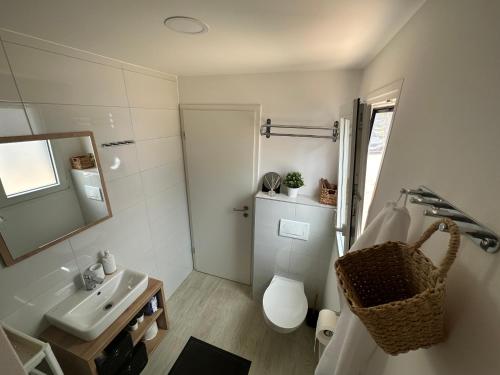 洛瓦尼斯卡Mobile home Mare Blu的一间带水槽、卫生间和镜子的浴室