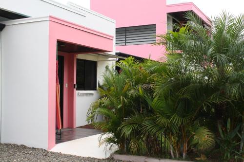 乌维塔Hotel Daleese的一座粉红色的房子,前面有棕榈树