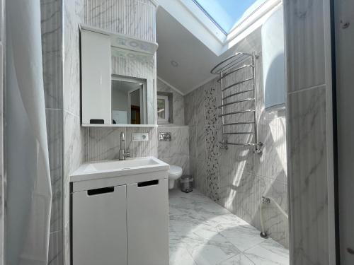 基希讷乌Villa aeroport розовый дом的白色的浴室设有水槽和镜子