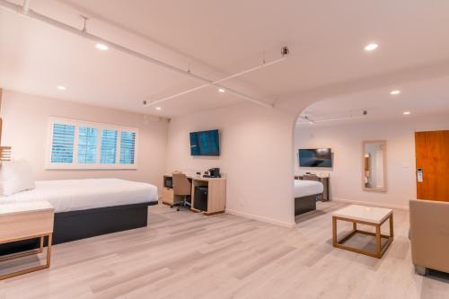 旧金山百老汇旅馆的一间卧室设有一张床和一间浴室。