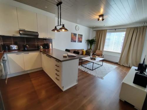 图尔库Private apartment near Ruissalo, Castle, Harbour - AC, Free parking的公寓内设有开放式厨房和客厅。