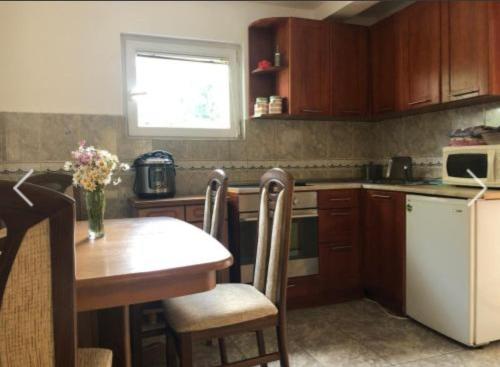 扎布利亚克Apartment Žugić的厨房配有桌子和白色冰箱。