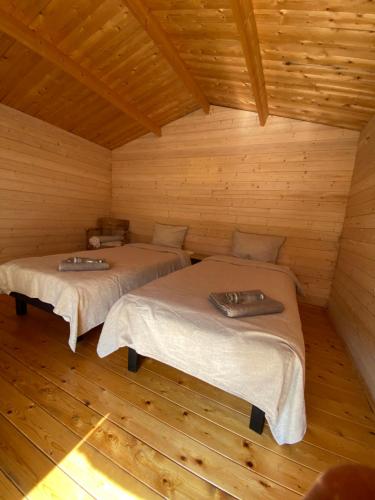 黑德梅埃斯泰Suurkivi Nature Escape的小木屋内带两张床的房间